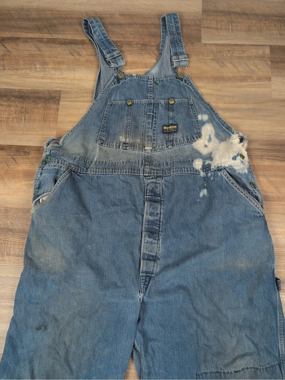 VTG Distressed Osh Kosh B'Gosh Bib Overalls Sanforized USA Vestbak UNION MADE